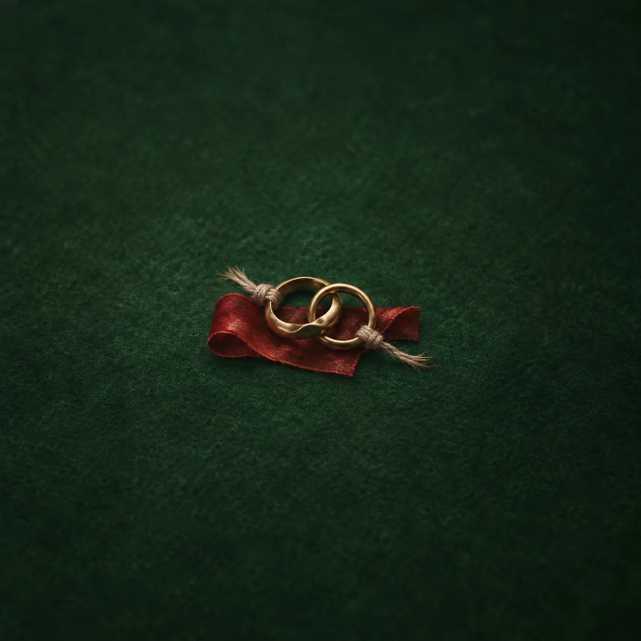 Two interlocked brass rings with frayed thread resting on red ribbon and green cloth.