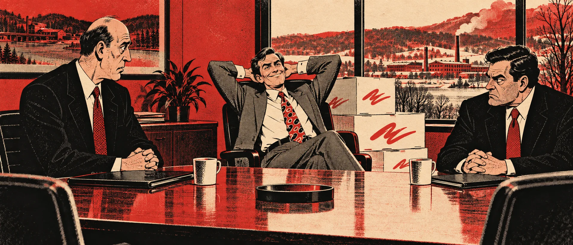 A smug man leans back with his hands behind his head beside a stack of paper boxes, while two corporate executives sit stiffly across a red conference table.