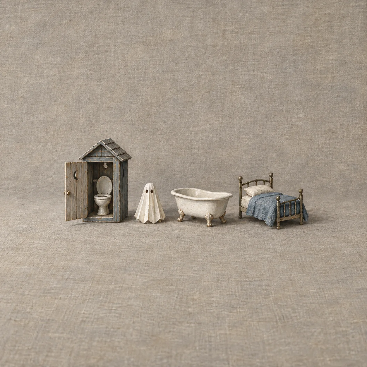 A miniature outhouse with toilet stands beside a folded paper ghost, empty clawfoot bath and empty blue-covered bed.