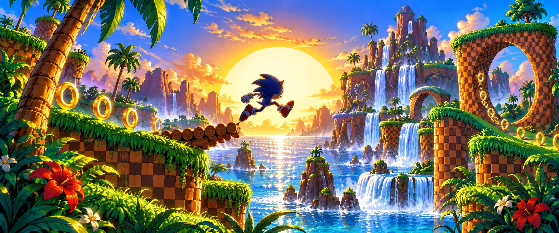 A blue hedgehog silhouette leaps against a rising sun over checkered cliffs, waterfalls and palm trees.