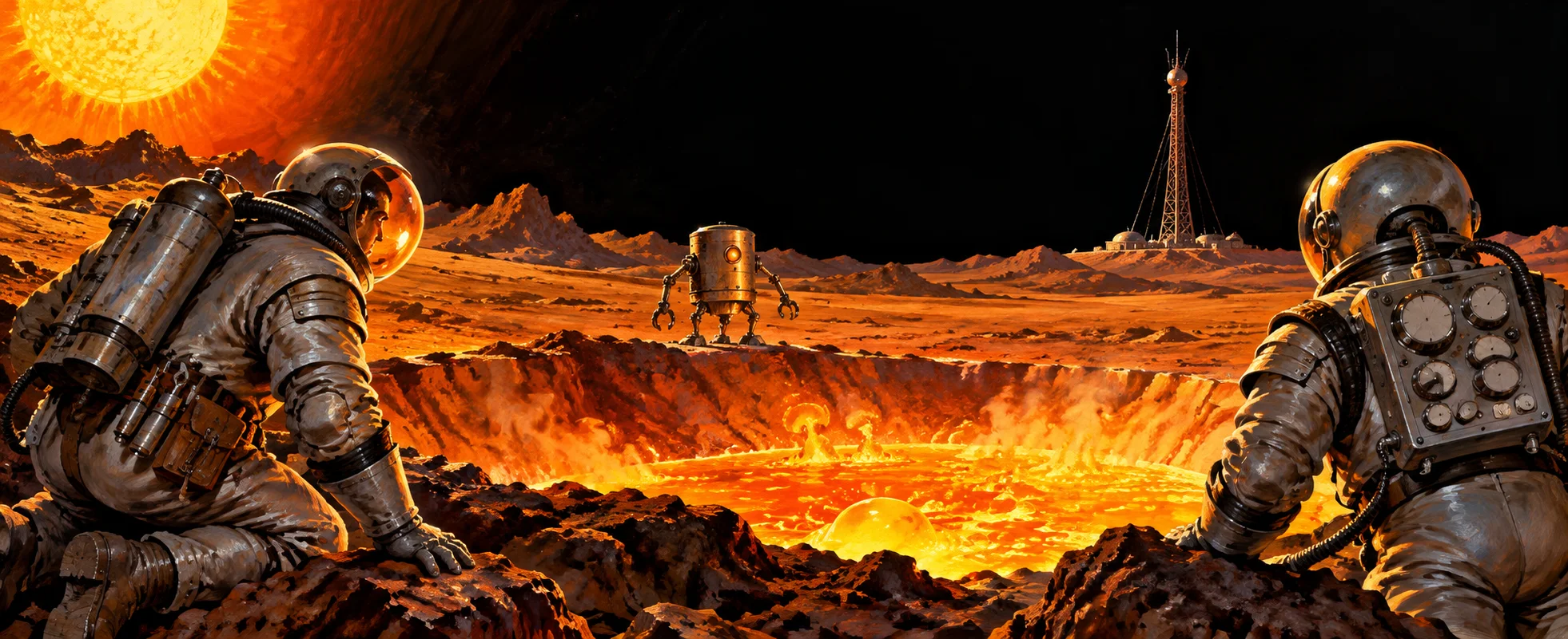 Two men in bulky 1940s spacesuits crouch at the rim of a glowing molten crater on a sun-blasted world as a boxy robot circles below.