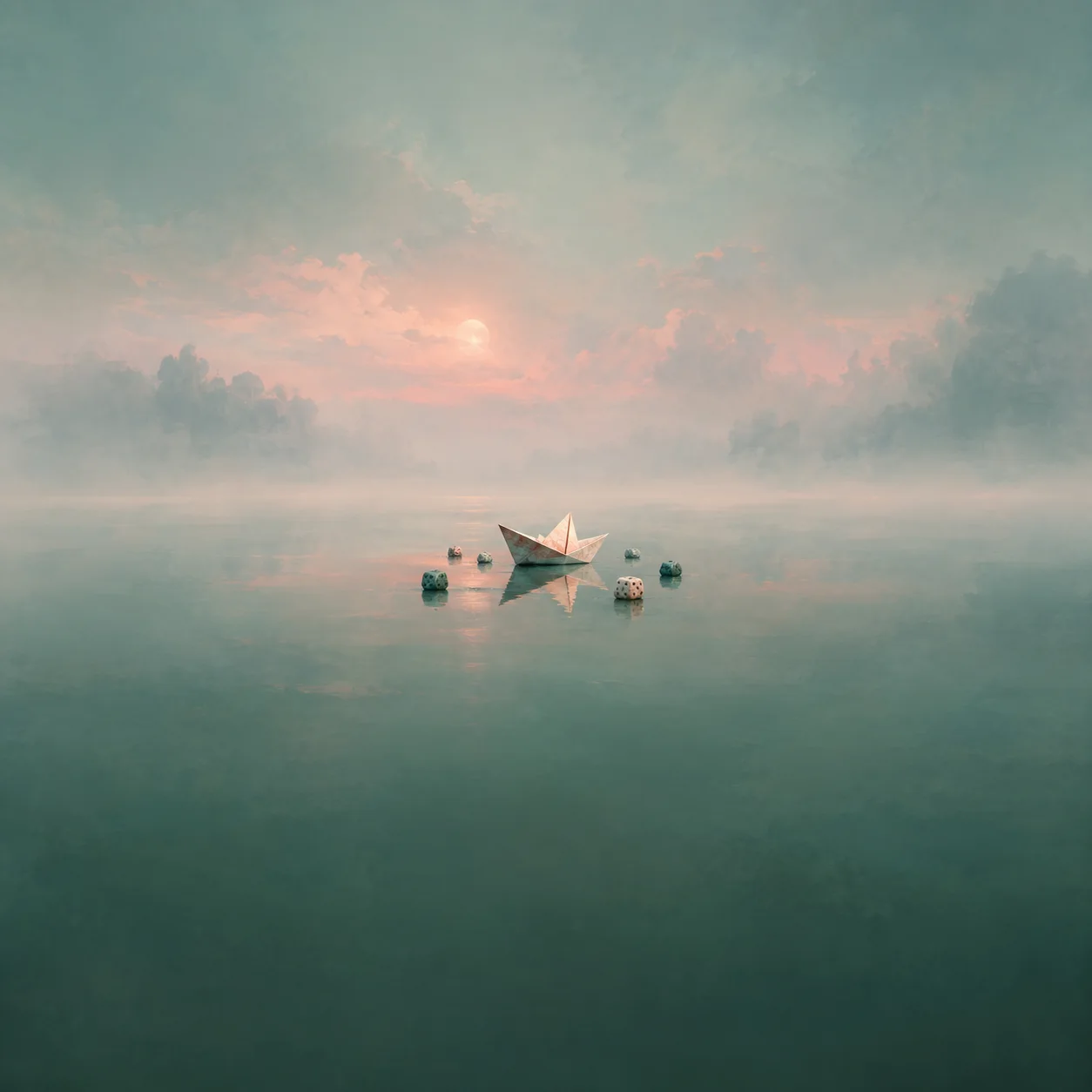 A small paper boat drifting on green water among floating dice.