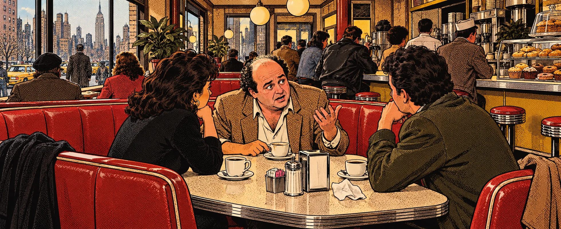 A balding man gestures earnestly to two friends in a red booth at a busy New York coffee shop.