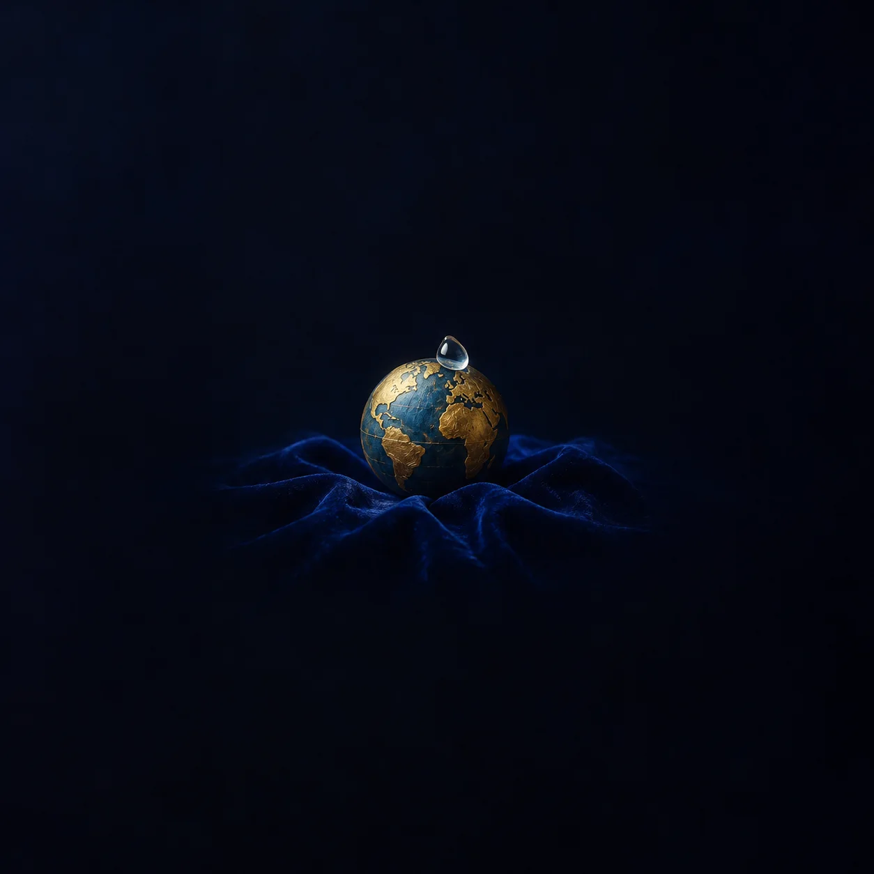 A small golden globe with a glass teardrop resting on blue velvet.