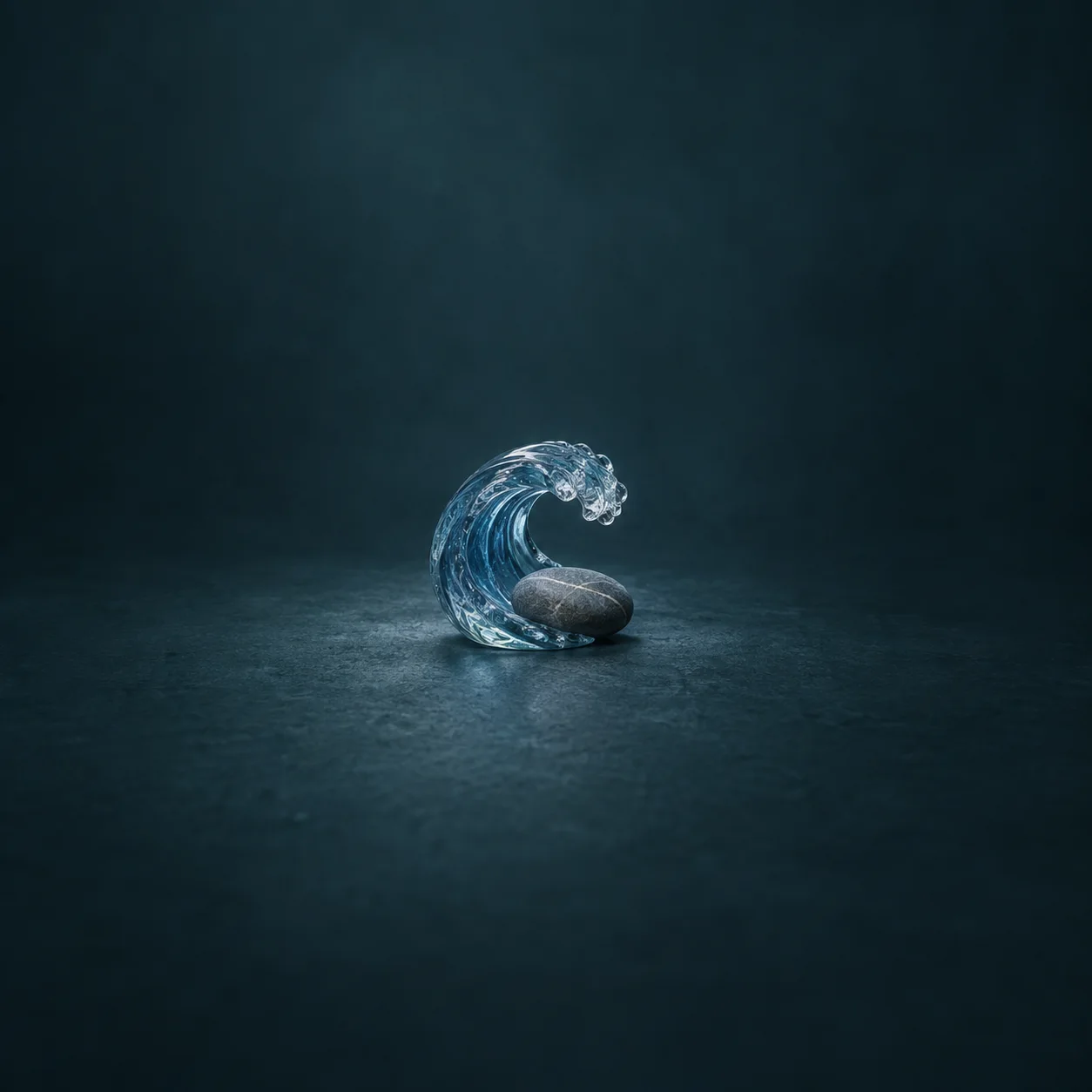 A sculpted clear-blue glass wave curls over a smooth grey pebble on a dark teal surface.