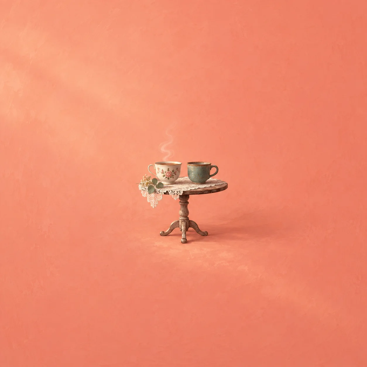 Painterly two mismatched cups on a small lace-covered round table, steam rising against coral.