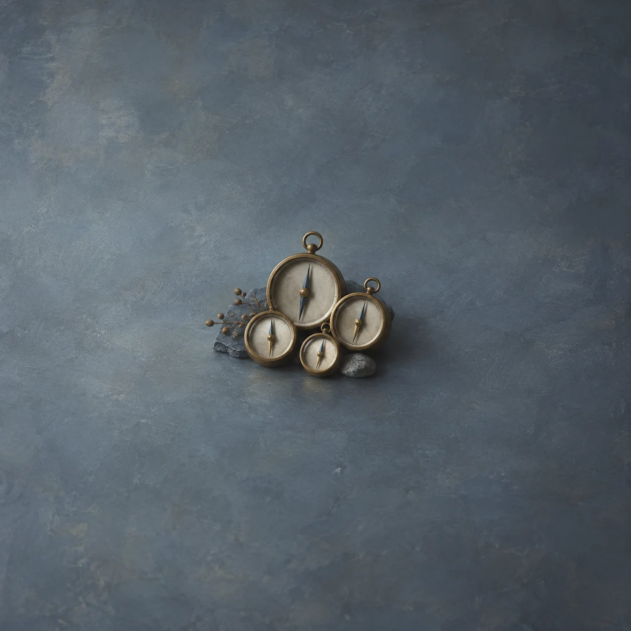 Four brass compasses cluster together on a slate-blue surface, their needles aligned.