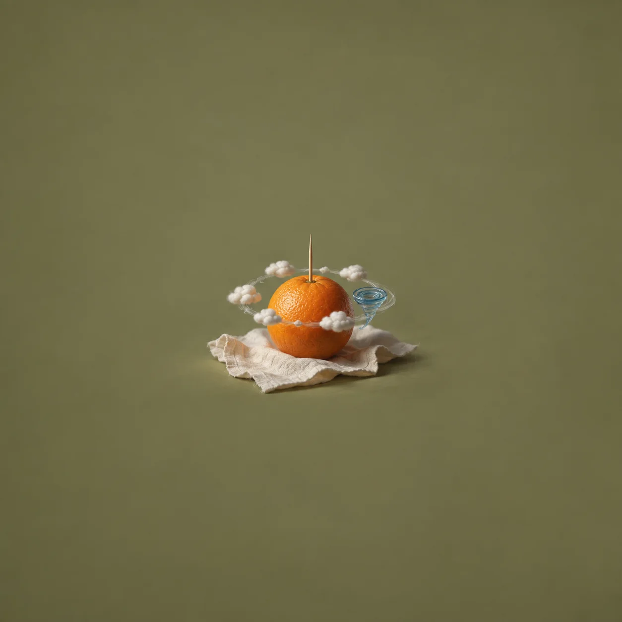 An orange pierced by a toothpick is surrounded by cotton clouds and a blue glass swirl on cream cloth.
