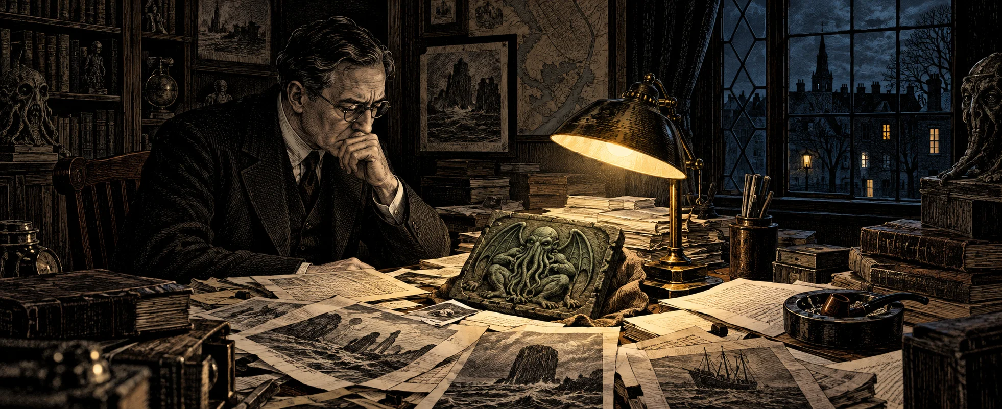 A man in a suit broods at a lamplit desk heaped with papers and clippings around a carved clay tablet of a tentacled figure.