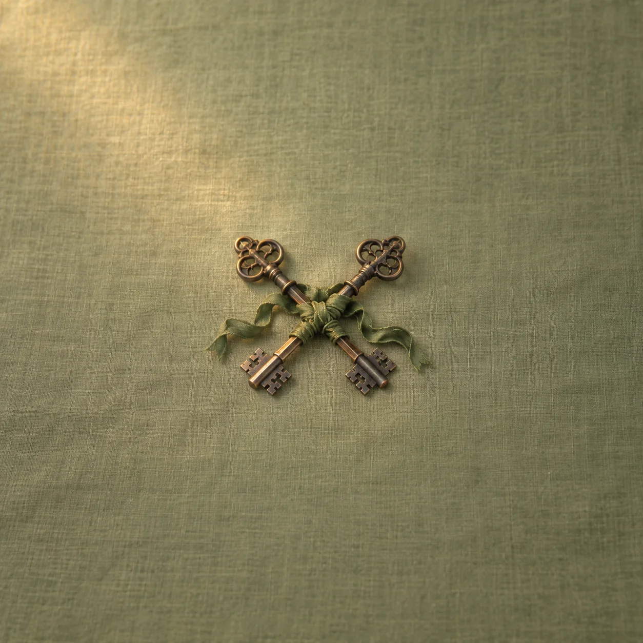 Two ornate metal keys cross beneath a green ribbon on sage linen.