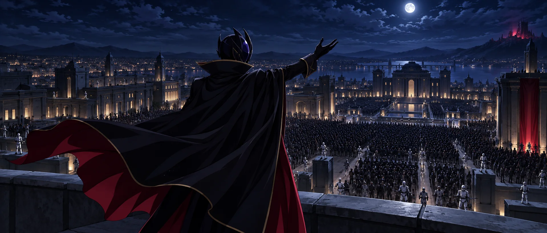 Anime illustration: a figure in a horned black helmet and flowing black-and-red cape stands with his back to us, one arm raised, on a moonlit balcony overlooking a vast crowd gathered in a lamplit square, with white-armoured guards posted among them.