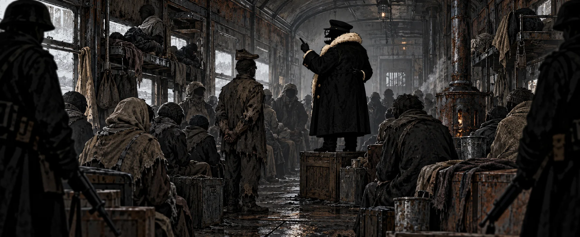 In a grim train carriage crowded with ragged passengers, a figure in a fur-collared coat stands on a crate and points, guards at the edges.