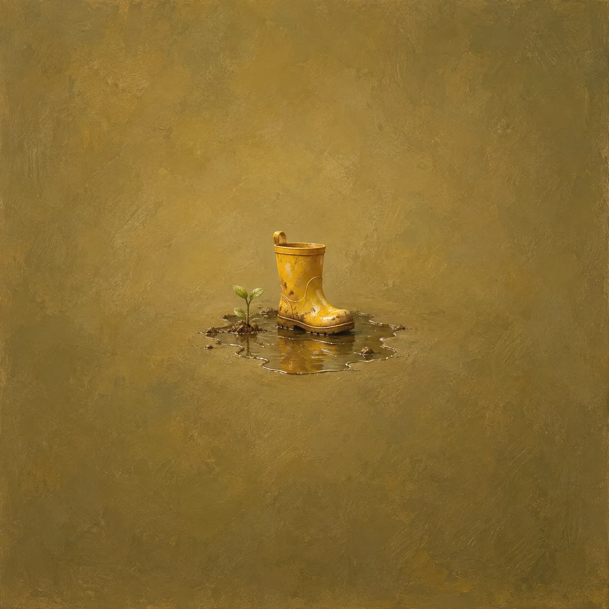 A yellow rain boot stands in a brown puddle beside a tiny green sprout.