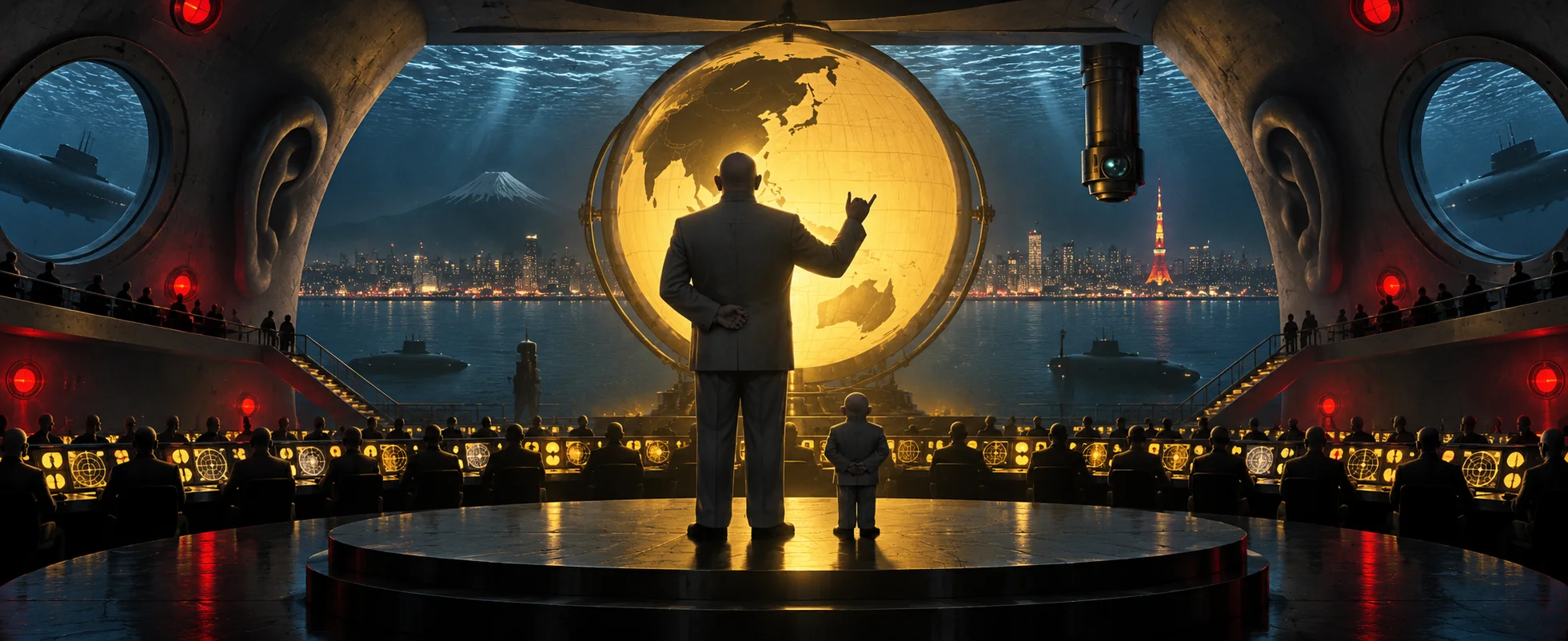 Inside a submarine lair under Tokyo Bay: a bald man in a grey suit, arm raised, addresses rows of henchmen before a glowing golden globe, a tiny matching figure at his side, the city lights beyond the portholes.