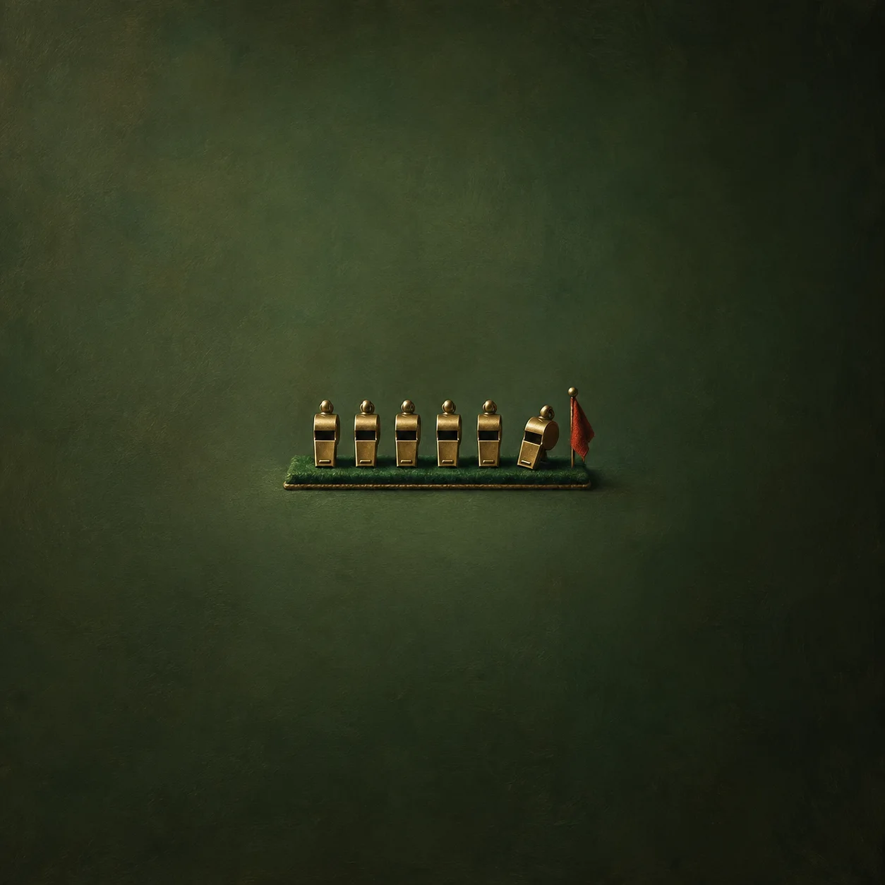 A row of small brass whistles, one tilted at the end, stands on green cloth beside a red flag.