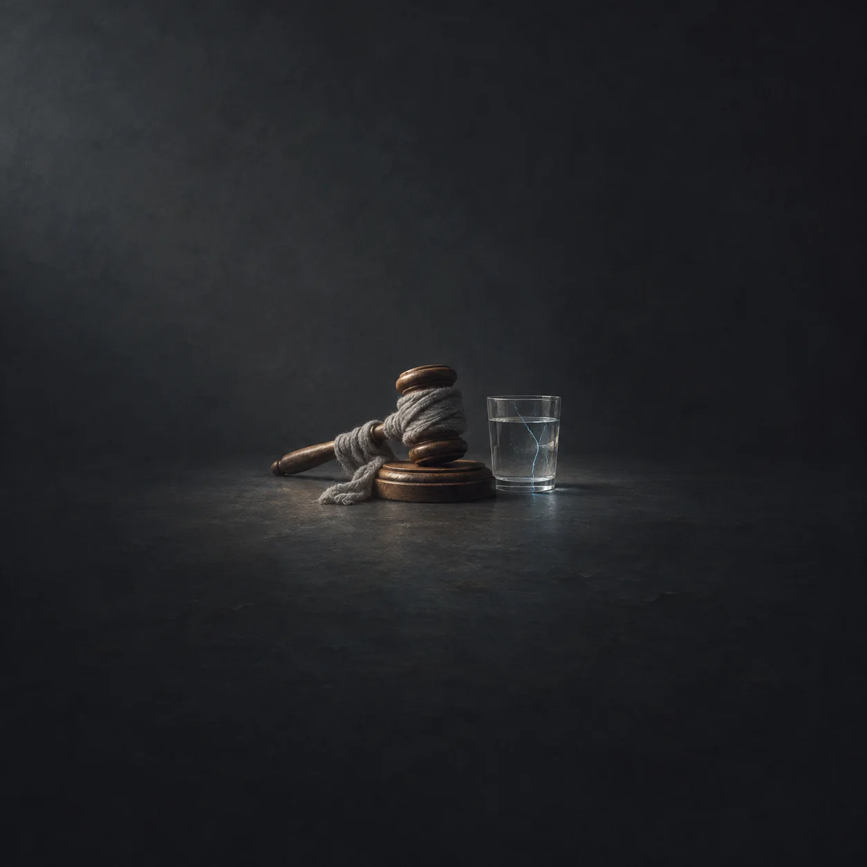 A wooden gavel wrapped in grey wool beside a glass of water on a charcoal surface.