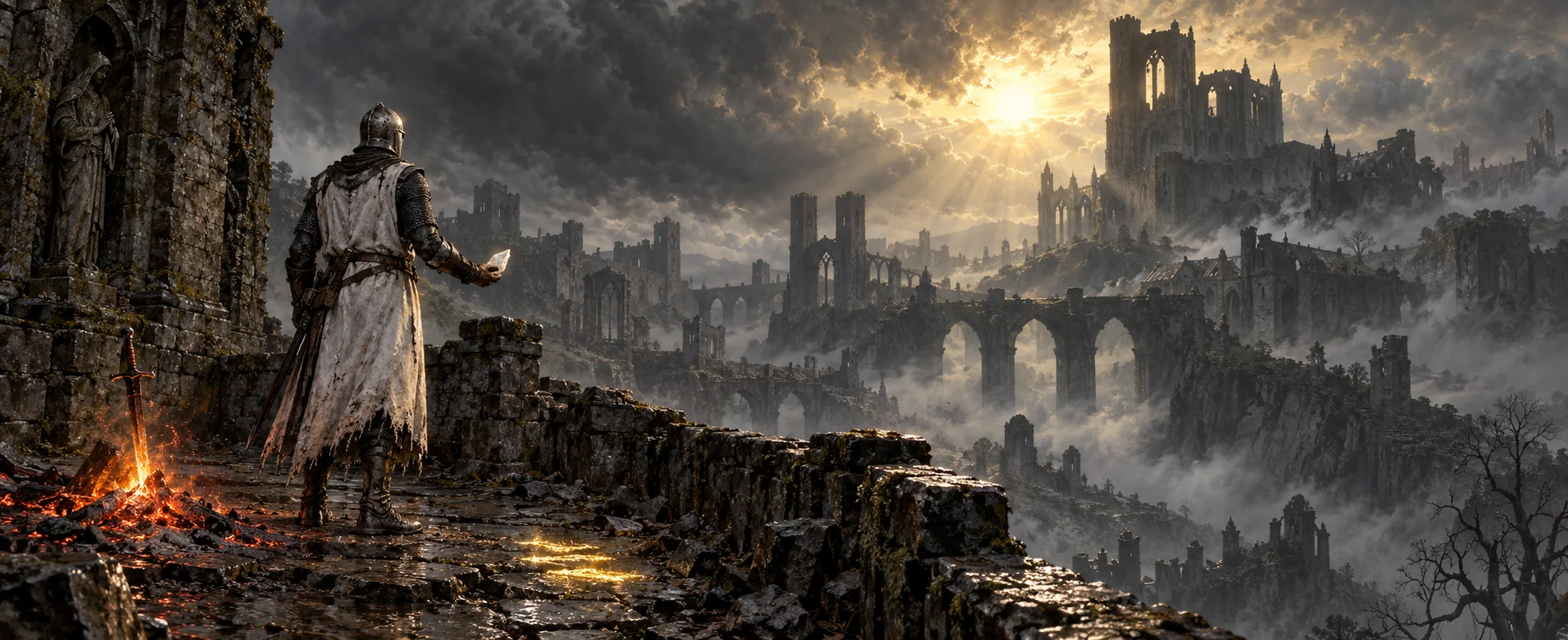 A knight in a sun-emblazoned tabard stands by a bonfire on a ruined rampart, looking out over a misty fallen kingdom.