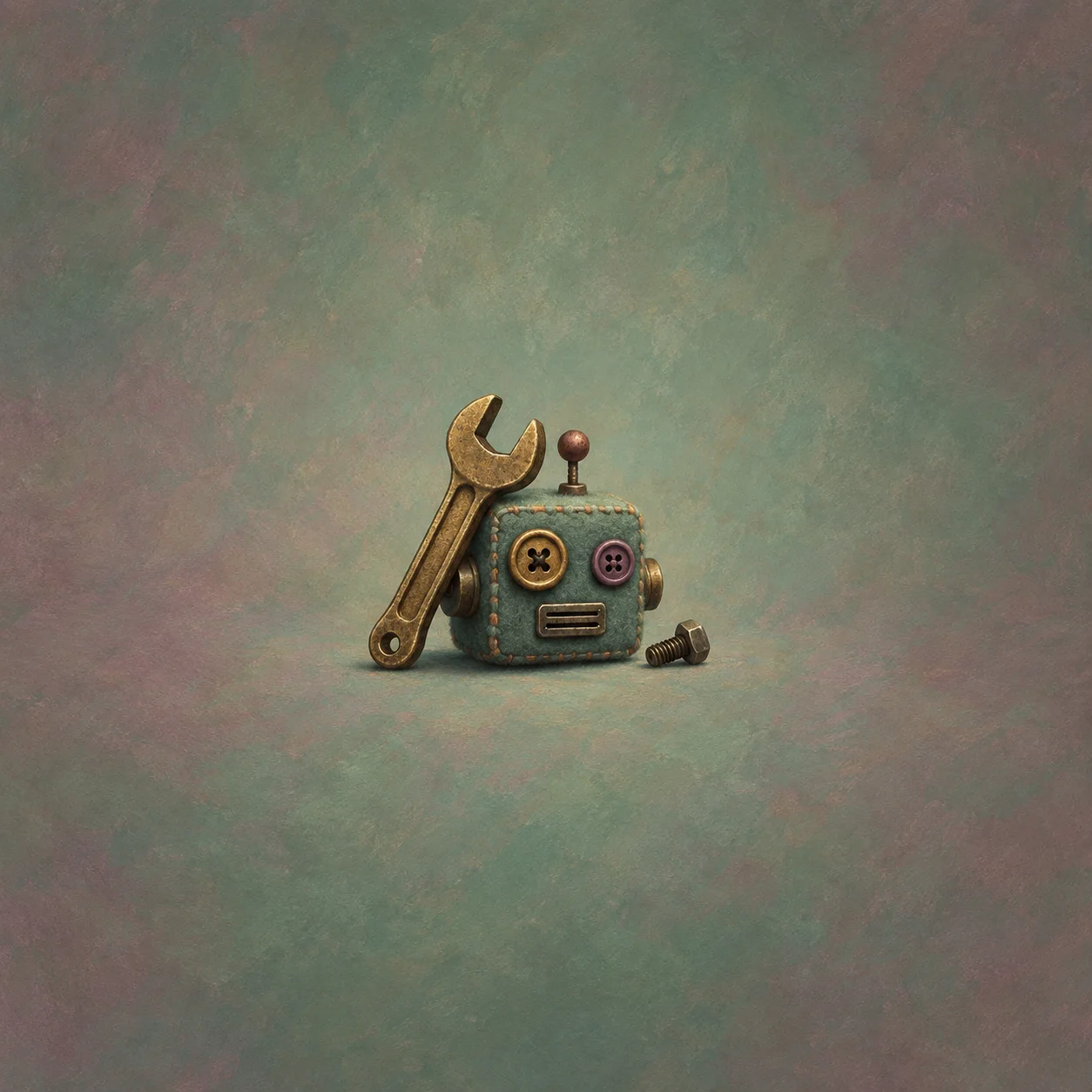 A large brass spanner leans beside a felt robot head with button eyes and a loose bolt.
