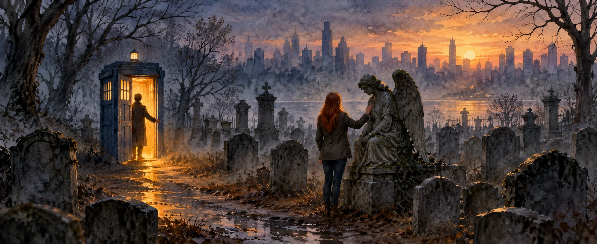 A man steps into a blue police box in a misty graveyard as a red-haired woman stands by a weeping-angel statue, the New York skyline behind.