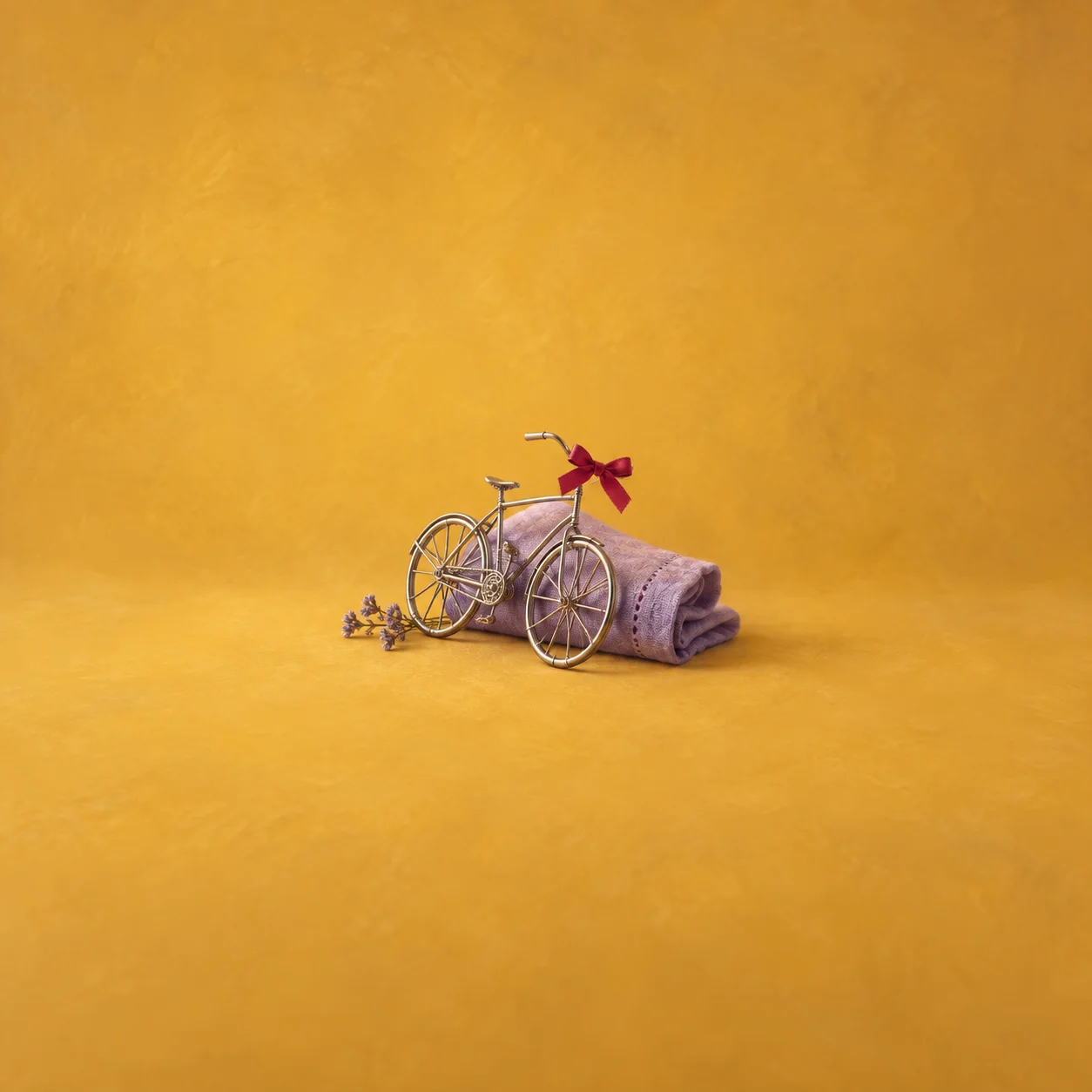 A tiny silver wire bicycle with a red bow leaning on a folded lavender cloth.