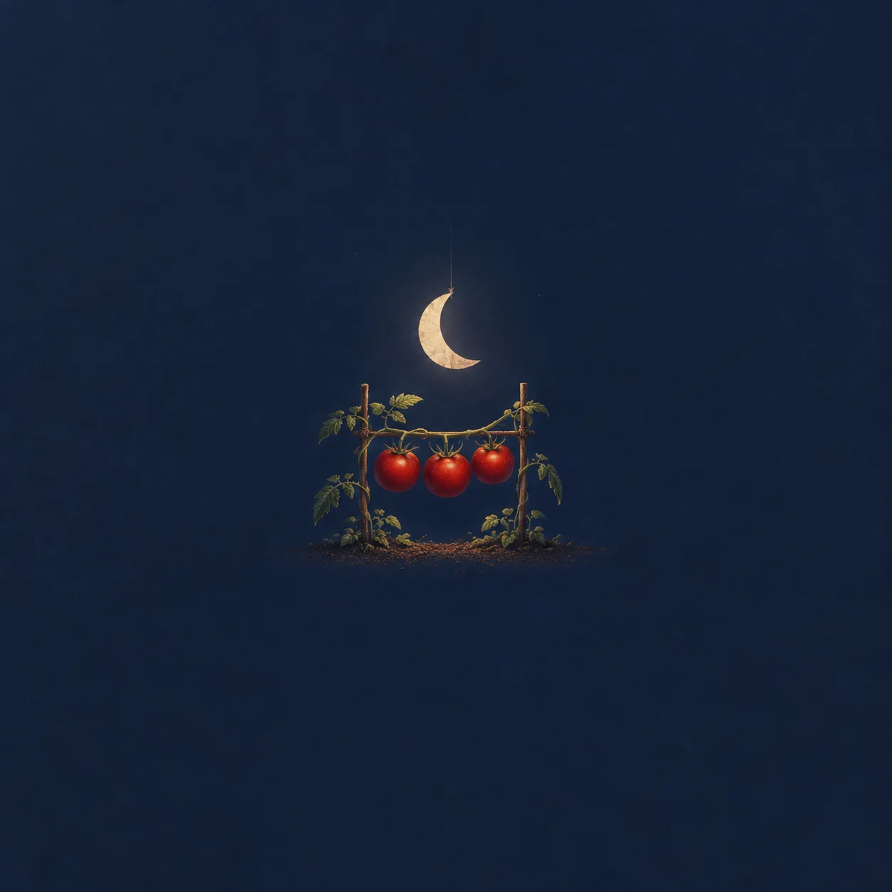 Three red tomatoes hang on a small leafy trellis beneath a glowing crescent moon against a navy background.