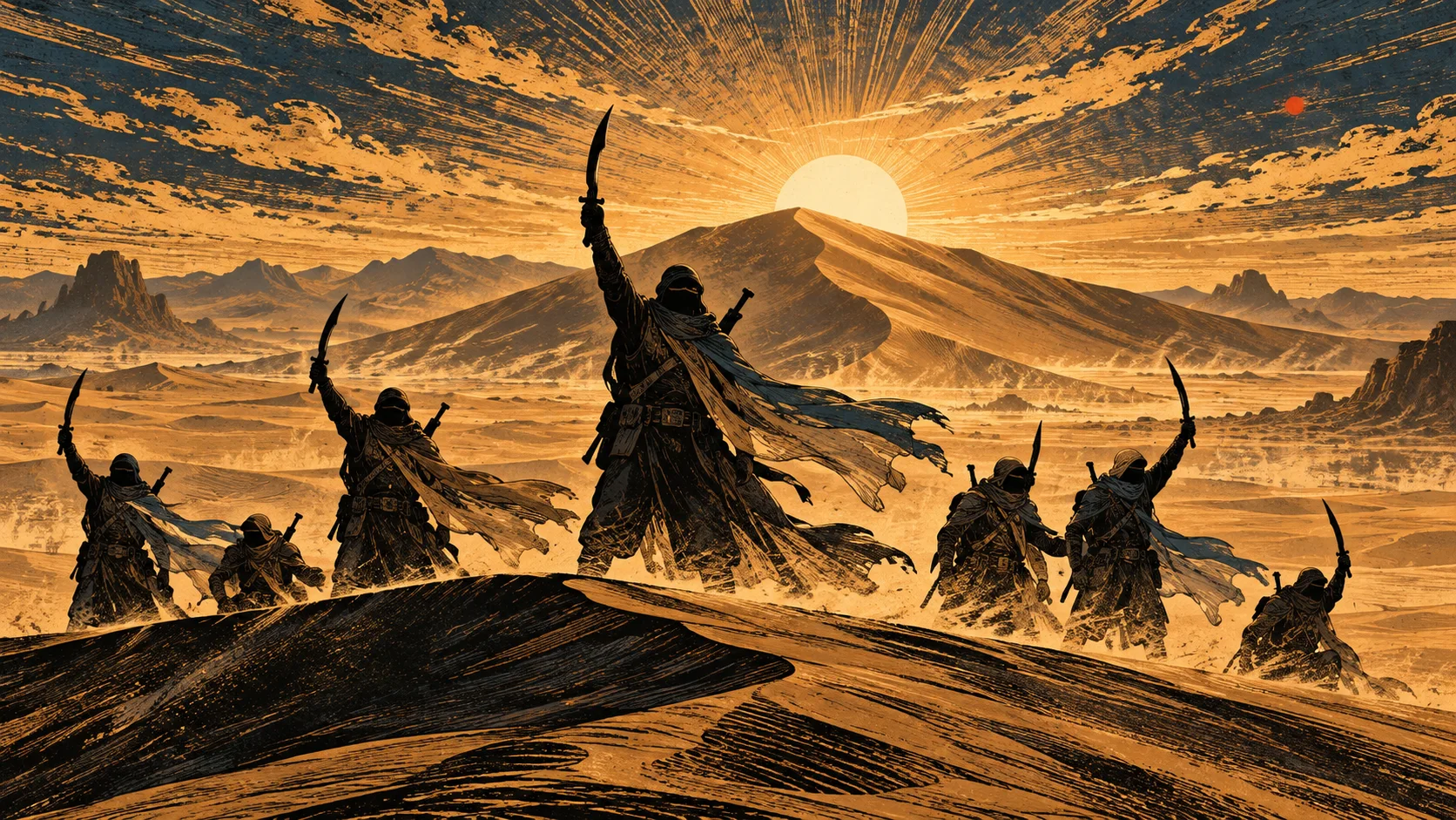 Robed desert warriors raise curved knives in a battle cry along a dune ridge as the sun rises behind them.