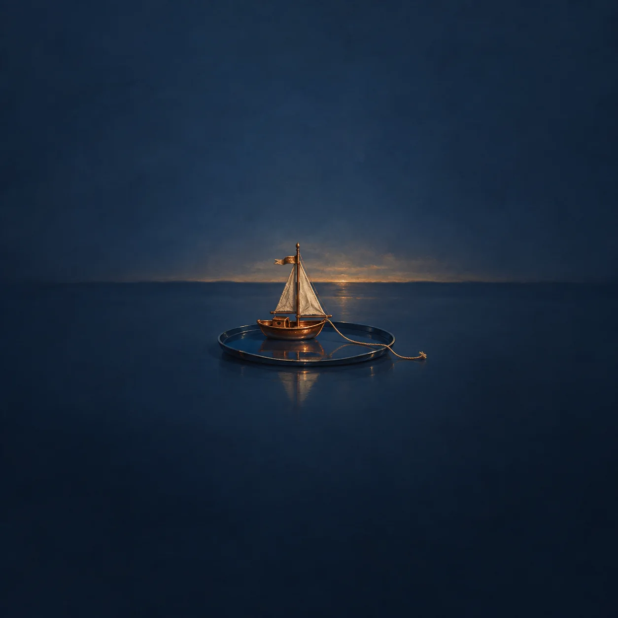 A copper toy sailing boat rests in a shallow blue dish on glossy navy water with a trailing rope.