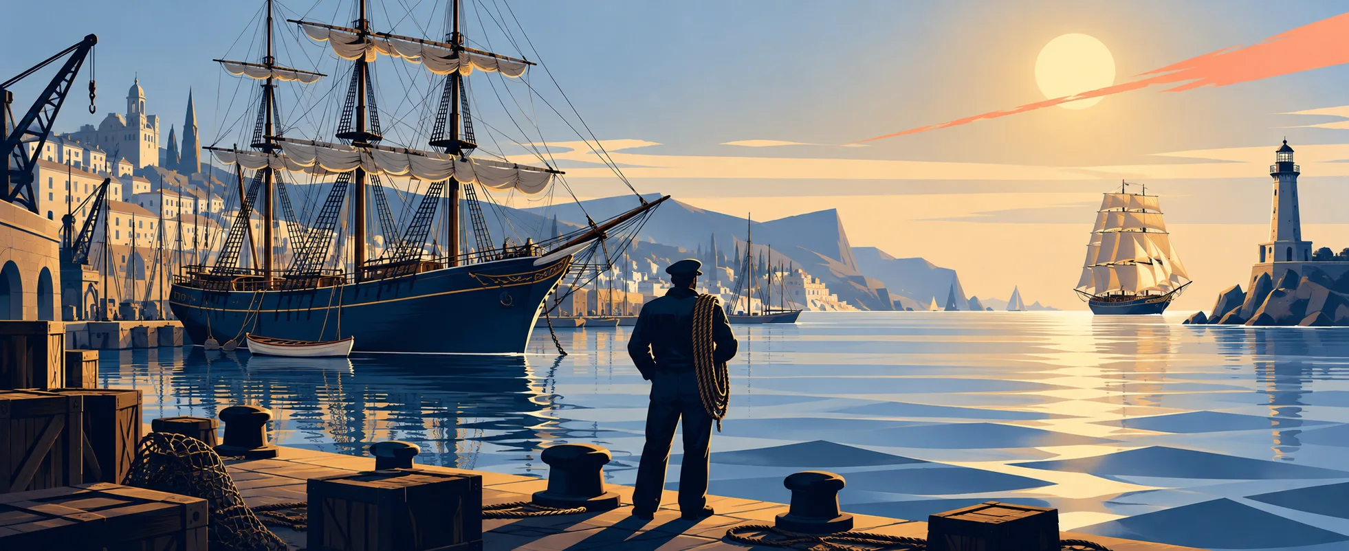 A sailor stands on a quay looking at a ship at anchor in a calm harbour while another ship sails out past the lighthouse at sunrise.
