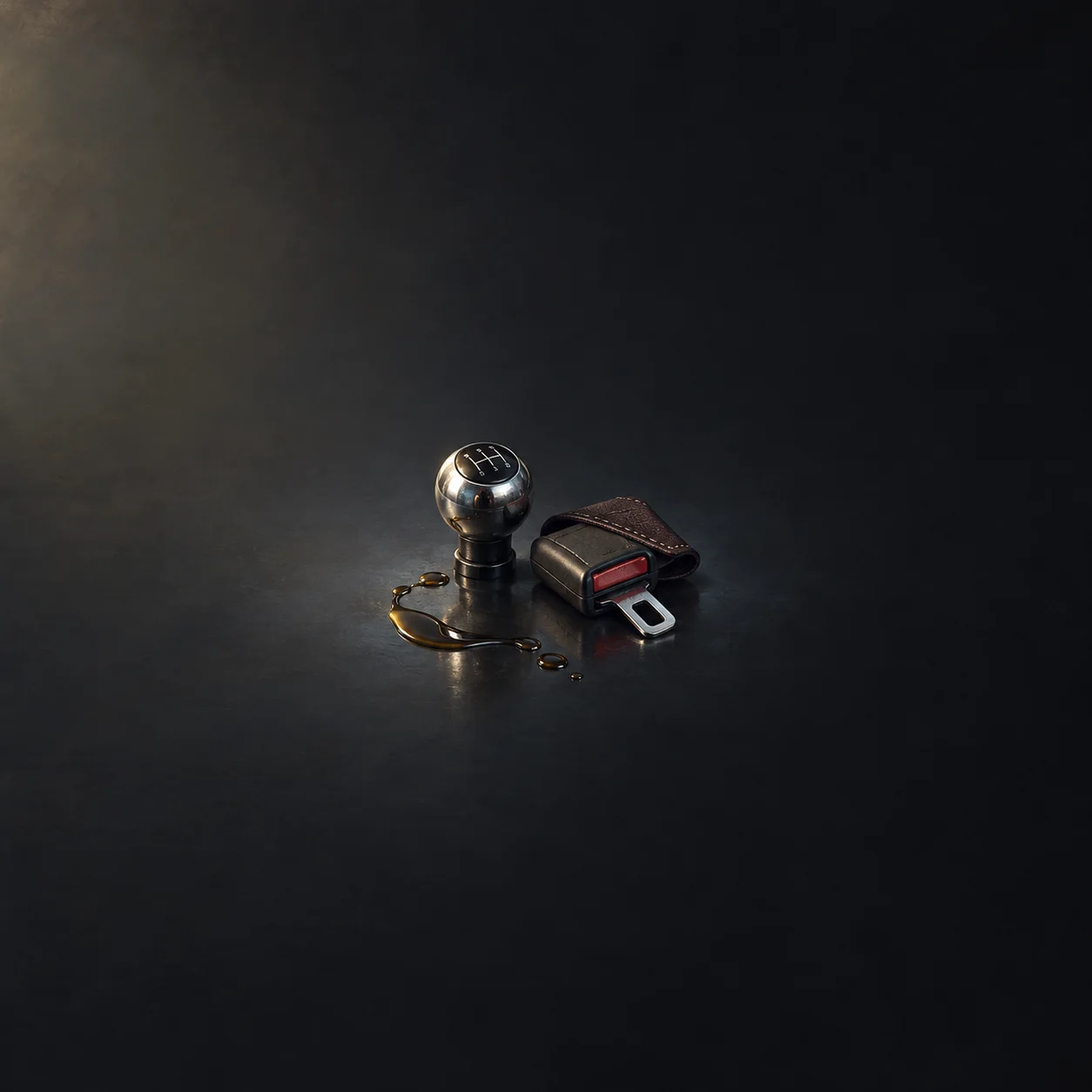 A chrome gearshift knob stands beside a dark seatbelt buckle and a curved golden liquid trail on black ground.