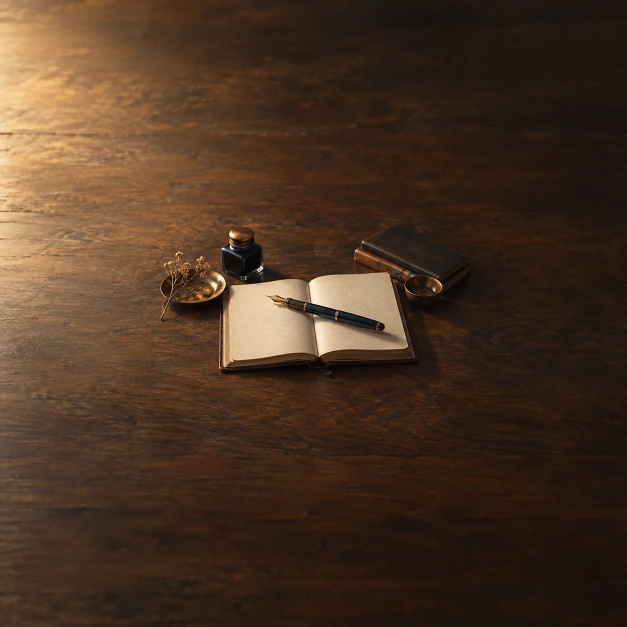 Painterly fountain pen across a blank notebook beside an inkwell, small book and brass watch.