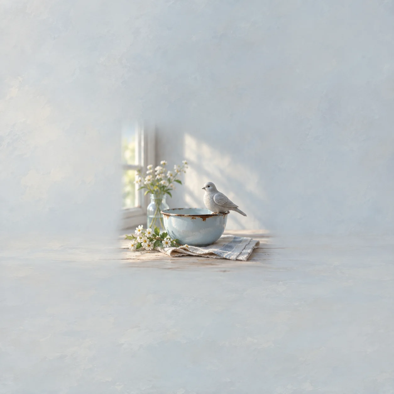 Painterly small white bird perched on a pale blue bowl beside flowers and a sunlit window.