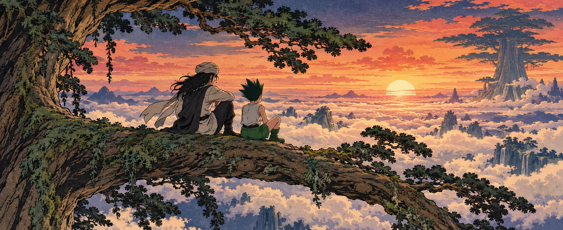 A long-haired man and a spiky-haired boy sit side by side on a branch of a colossal tree, gazing at the sunrise over a sea of clouds.