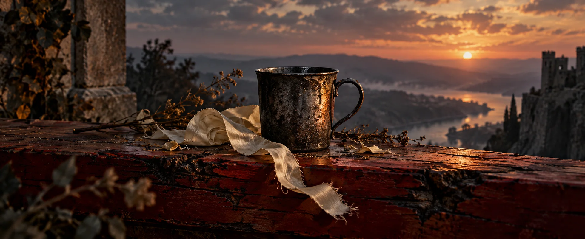 A torn pale ribbon lies beside a dark iron cup on a scorched red wooden ledge.