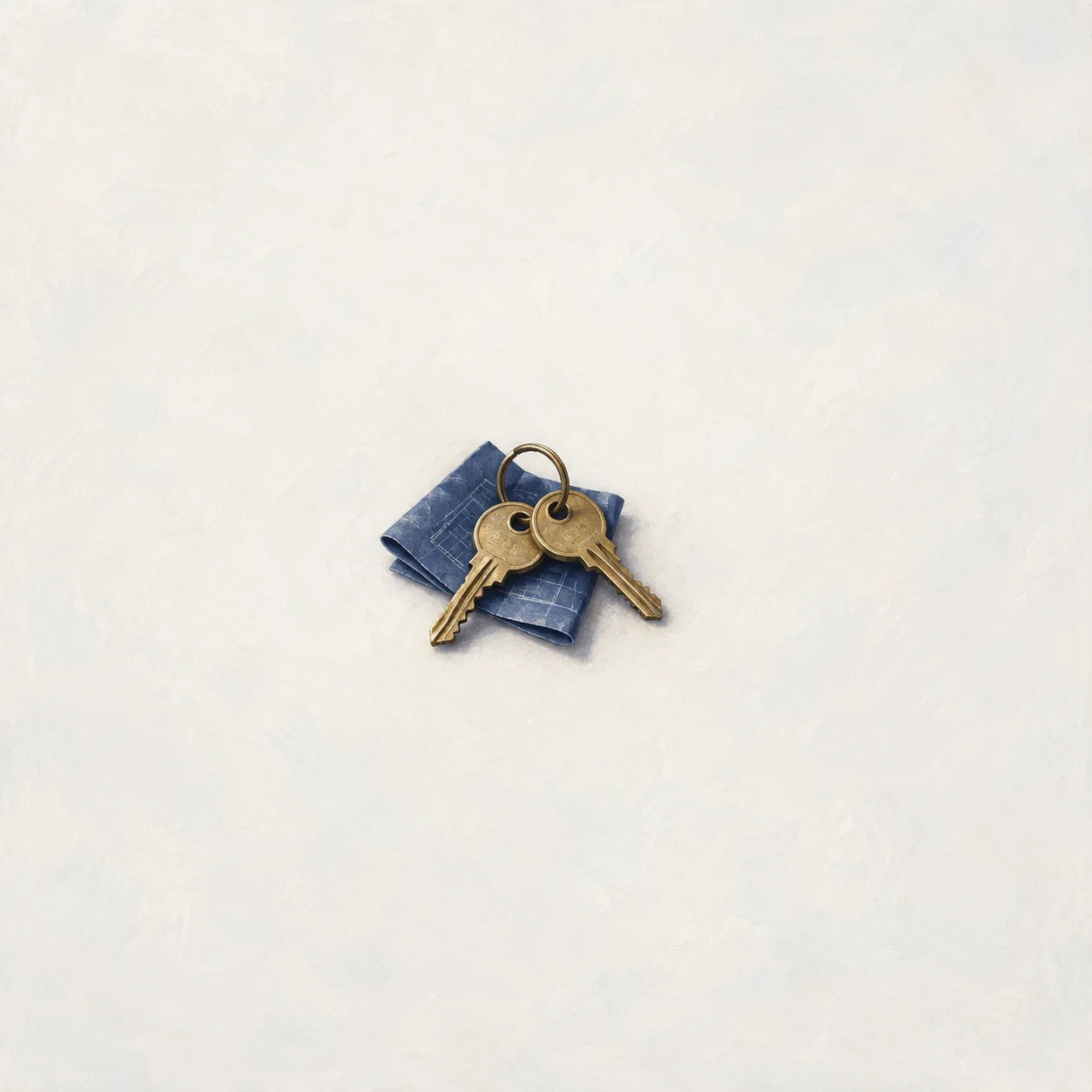 Two brass keys on one ring lie across folded blue paper.