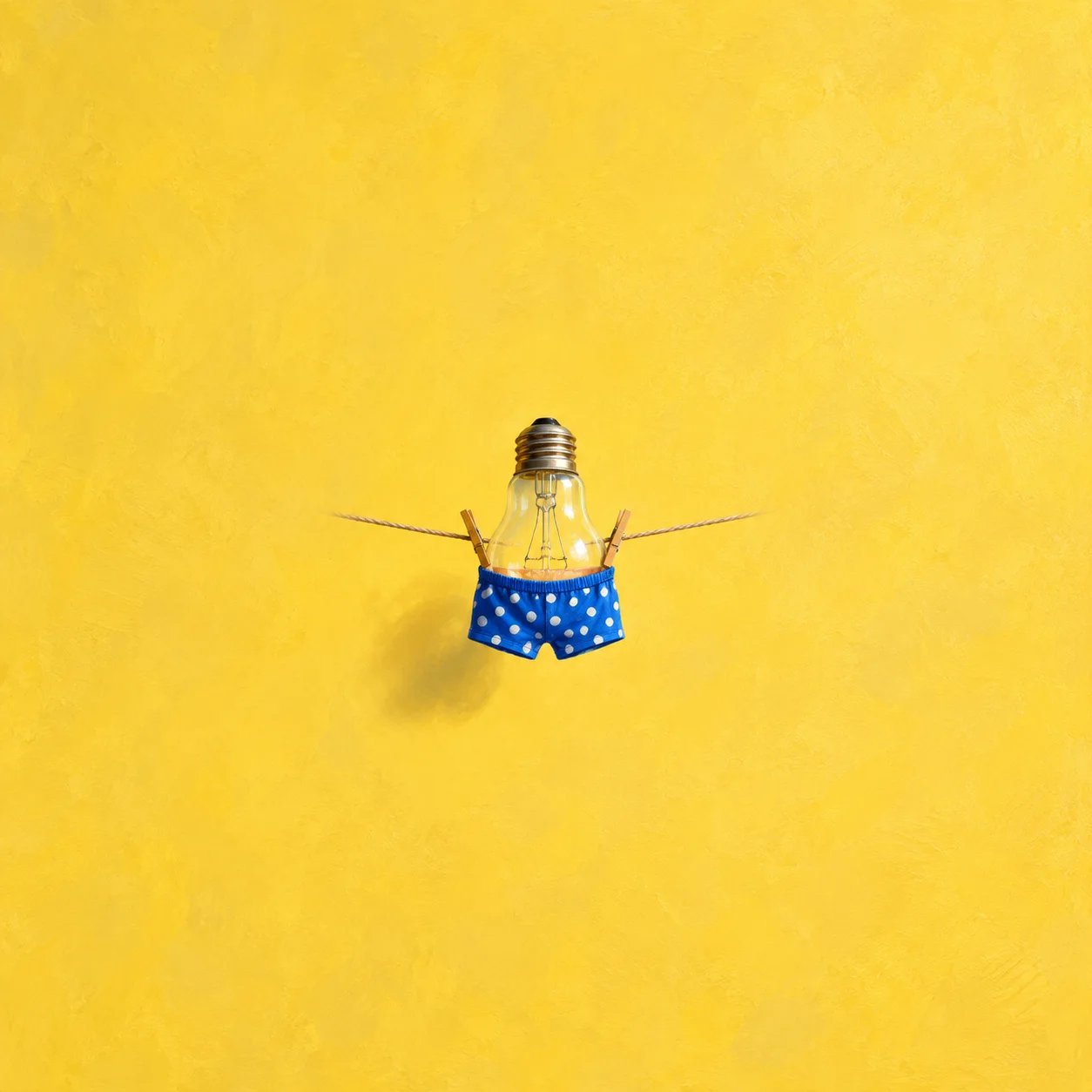 A clear light bulb wears blue polka-dot shorts clipped to a clothesline against yellow.