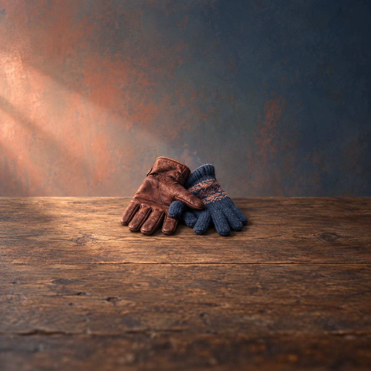 A brown leather glove and a blue knitted glove lie tangled together on wood.