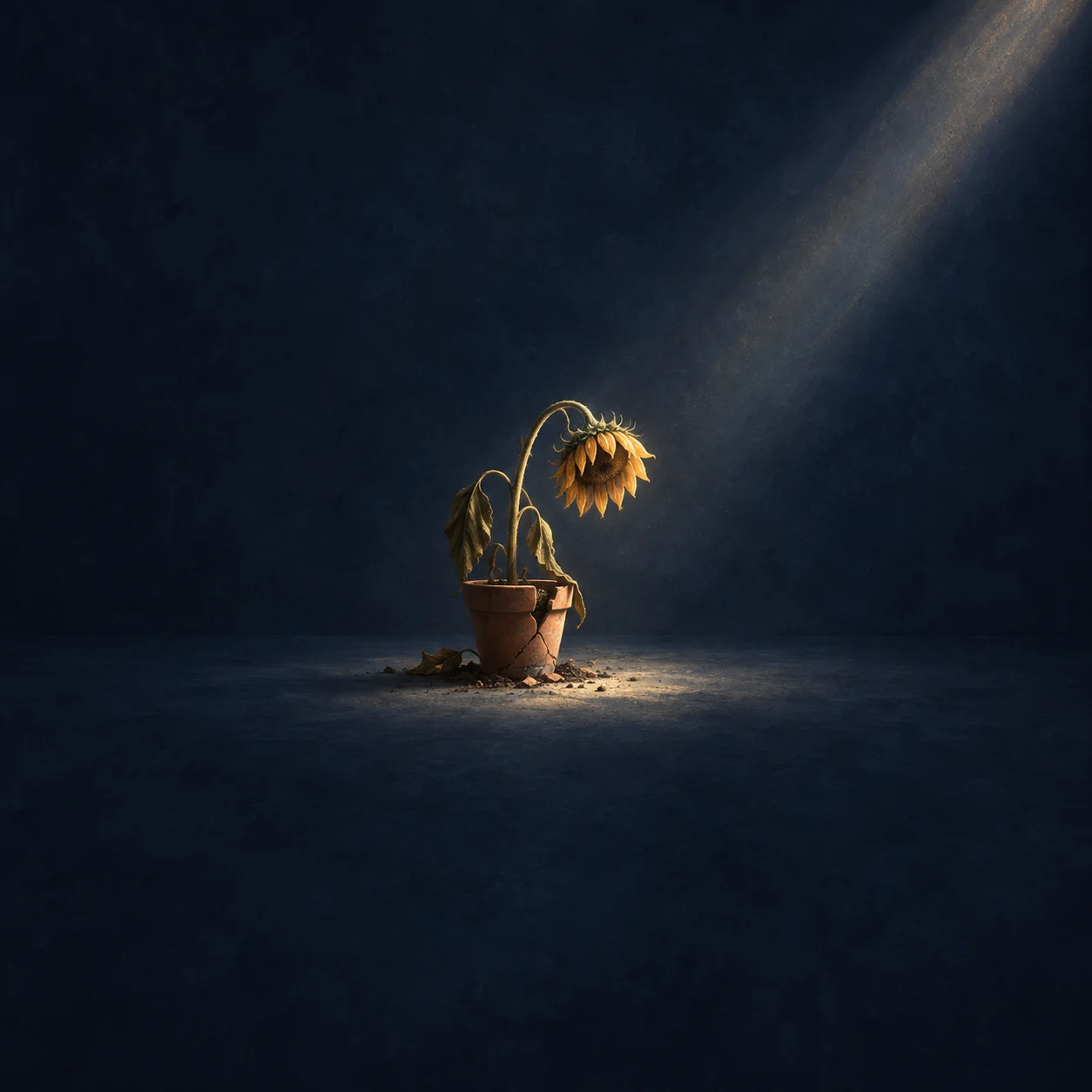 Painterly wilted sunflower in a terracotta pot leaning toward a shaft of light against dark blue.