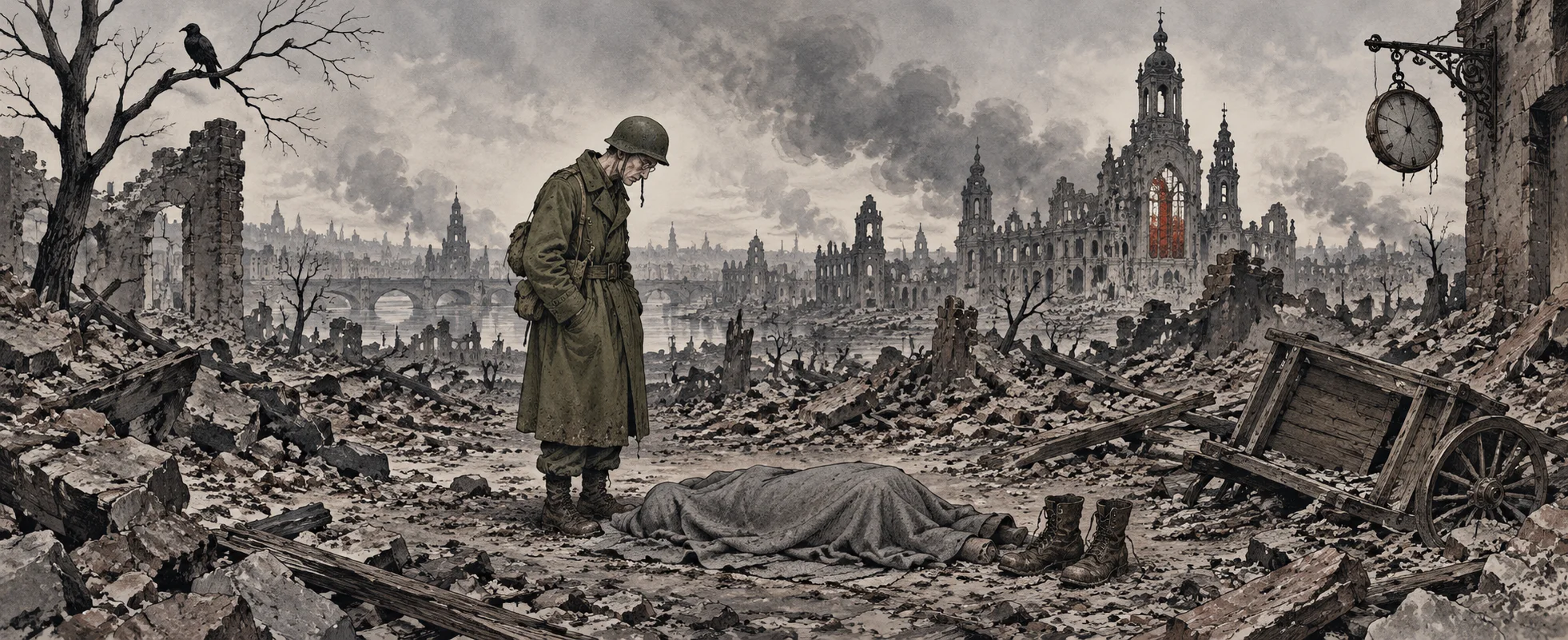 A lone soldier in a long greatcoat stands among the rubble of a bombed baroque city, looking down at a body under a blanket, a crow on a dead tree.