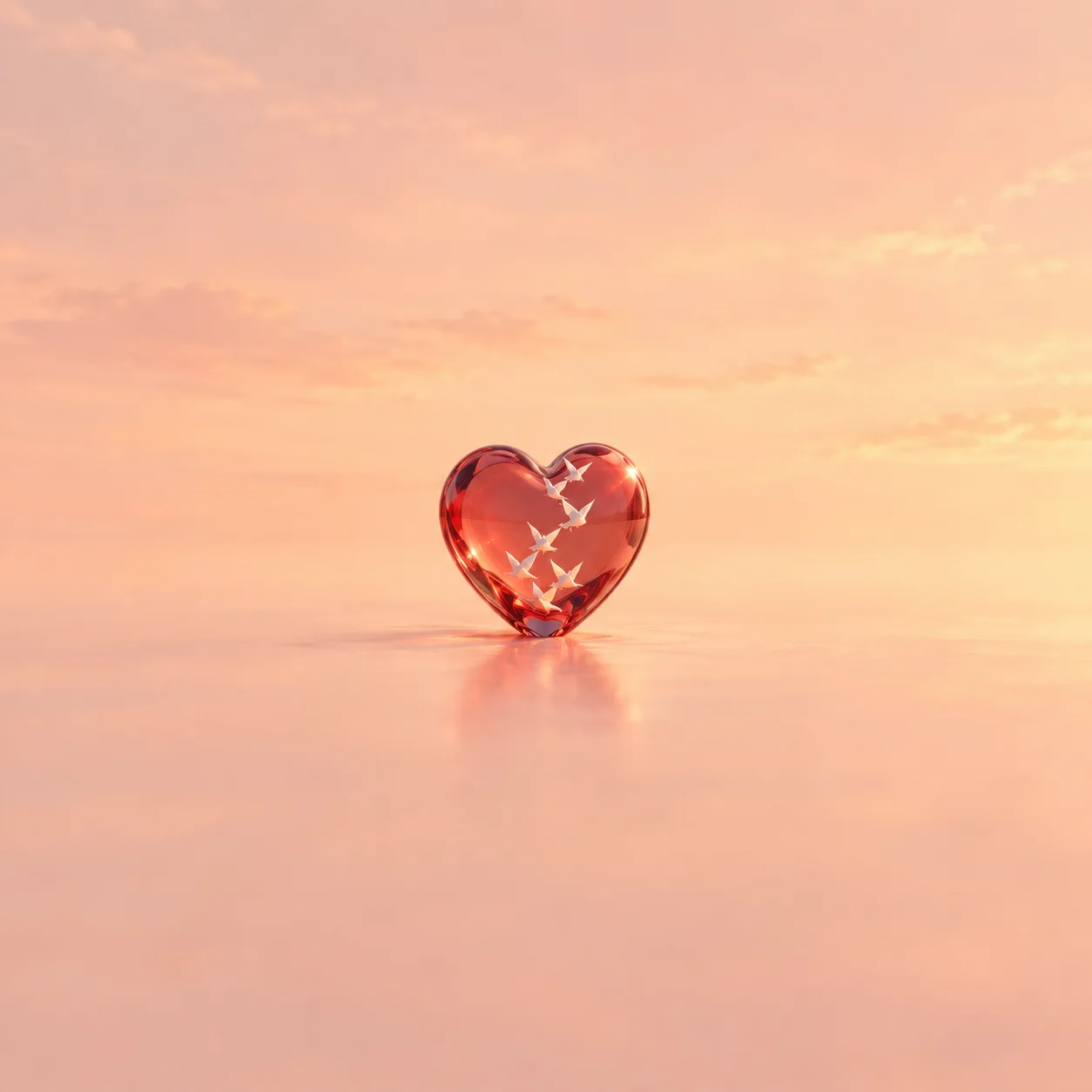 A red glass heart containing small white bird shapes against a peach sky and reflective surface.