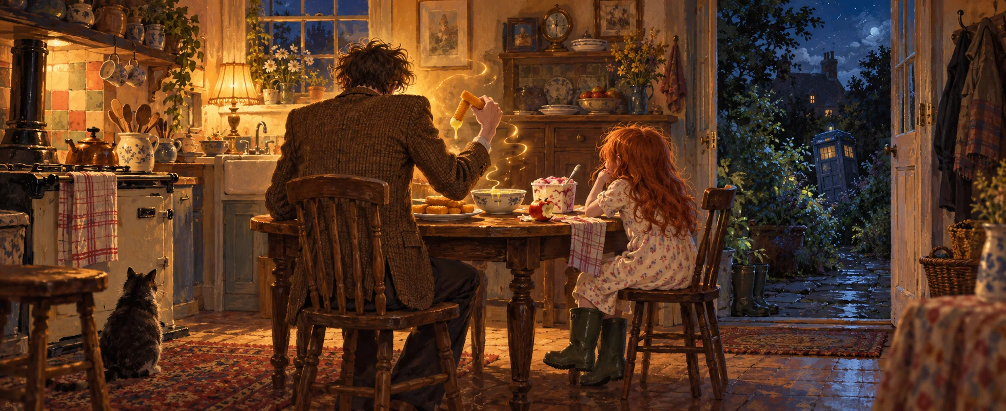 A man in a tweed jacket eats with a little red-haired girl at a kitchen table at night, a blue police box in the garden.