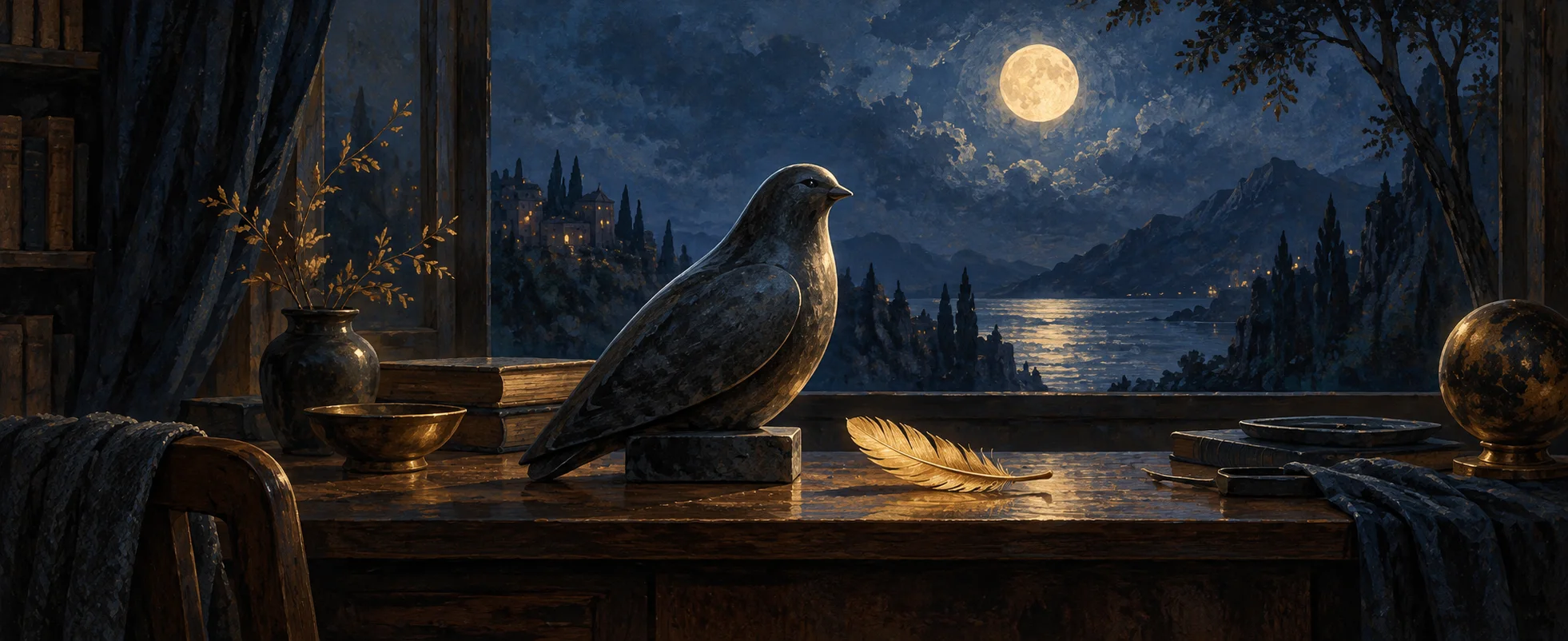 An unmarked dark stone bird sculpture rests on a moonlit desk beside a soft golden feather.