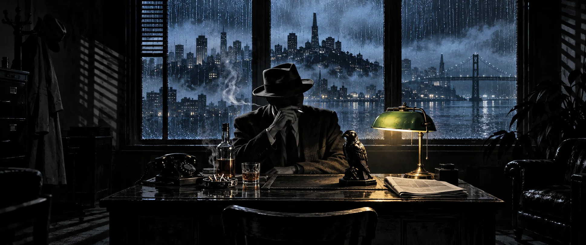 A detective in a fedora sits at his office desk under a green-shaded lamp with a black bird statuette, rain on the window over a night city.