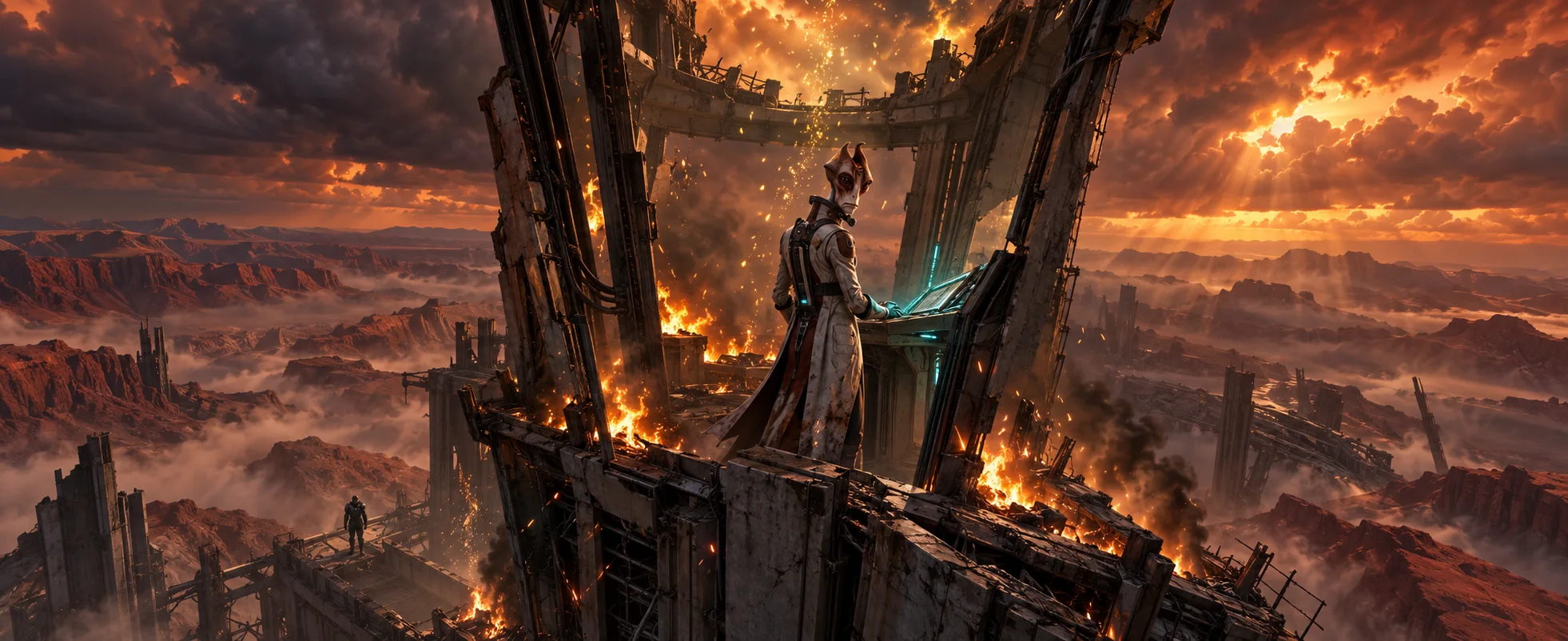 Mordin Solus, a grey-skinned salarian in a stained lab coat, stands at a glowing console at the top of a burning, shattered tower above a red Tuchanka canyon, sparks and golden cure particles rising into an orange sky.