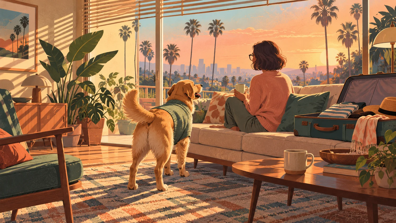 A golden retriever in a sweater gazes out of a sunny Los Angeles window beside a woman sipping coffee on the sofa.