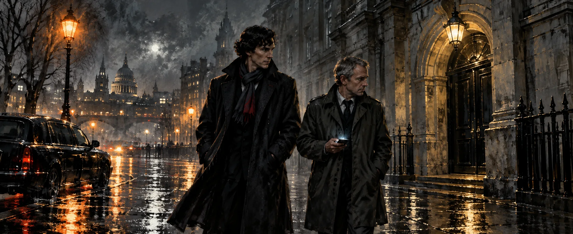 A curly-haired man in a long dark coat and scarf walks a rainy London street at night beside an older detective in a raincoat.