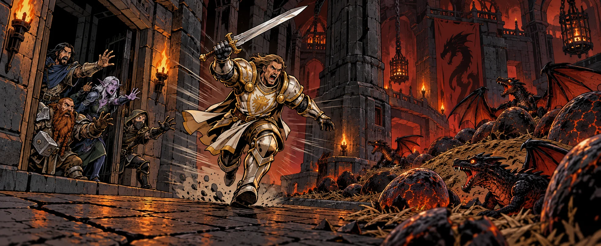 A paladin in gleaming gold plate charges with sword raised into a red-lit hall full of dragon eggs and whelps, while his armoured party throws up their hands in a doorway behind him.