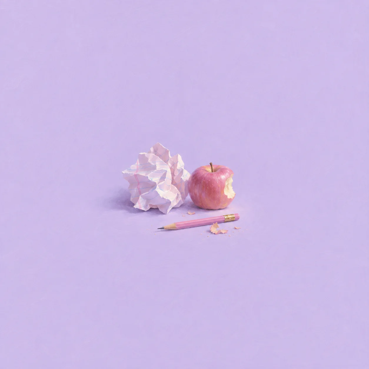 Painterly crumpled paper, bitten pink apple and pencil on a lilac surface.