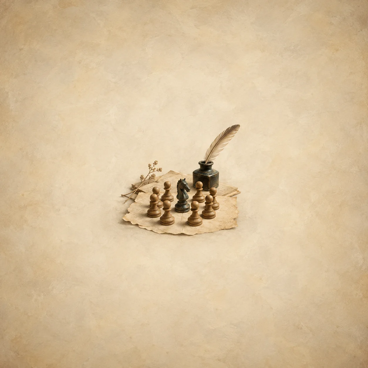Painterly quill and inkwell beside pale chess pawns surrounding a dark piece on parchment.