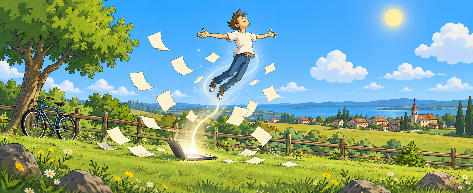 A delighted young man floats above a sunny meadow with his arms spread wide, papers fluttering up from a glowing laptop on the grass below.