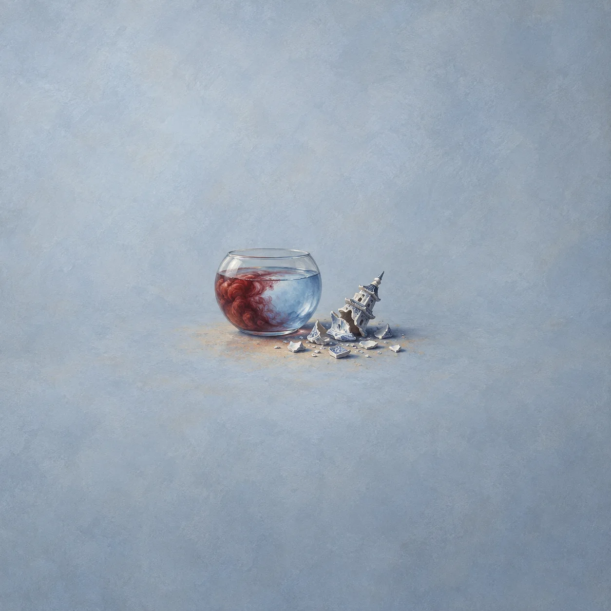 A glass bowl of water shifting from red to calm blue sits beside a shattered miniature porcelain tower, on a slate background.
